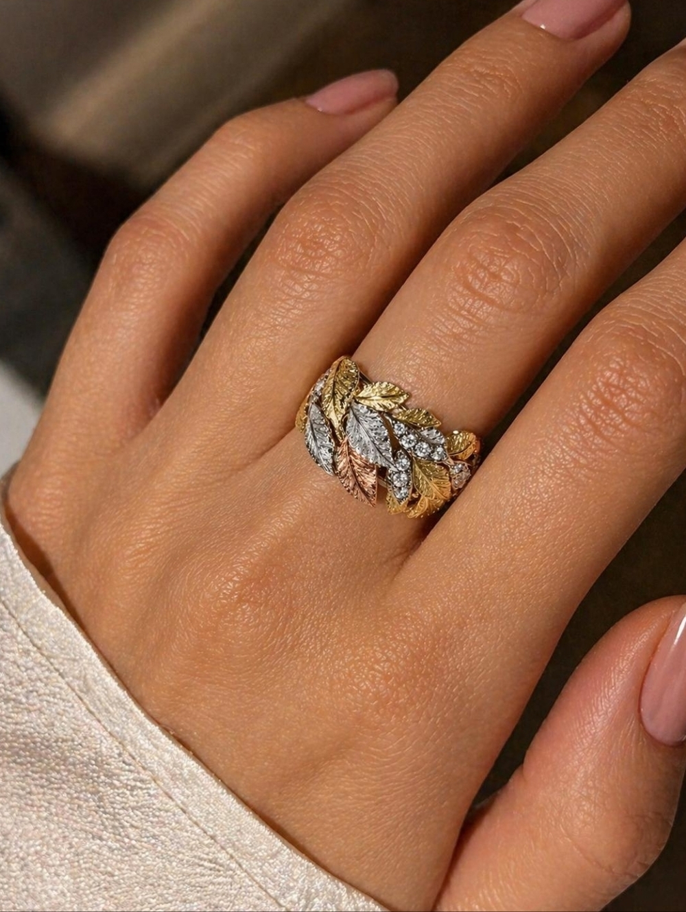 Tri-Tone Leaf Ring with Crystal Accents - Gold, Silver & Rose Gold - Picture 2 of 4